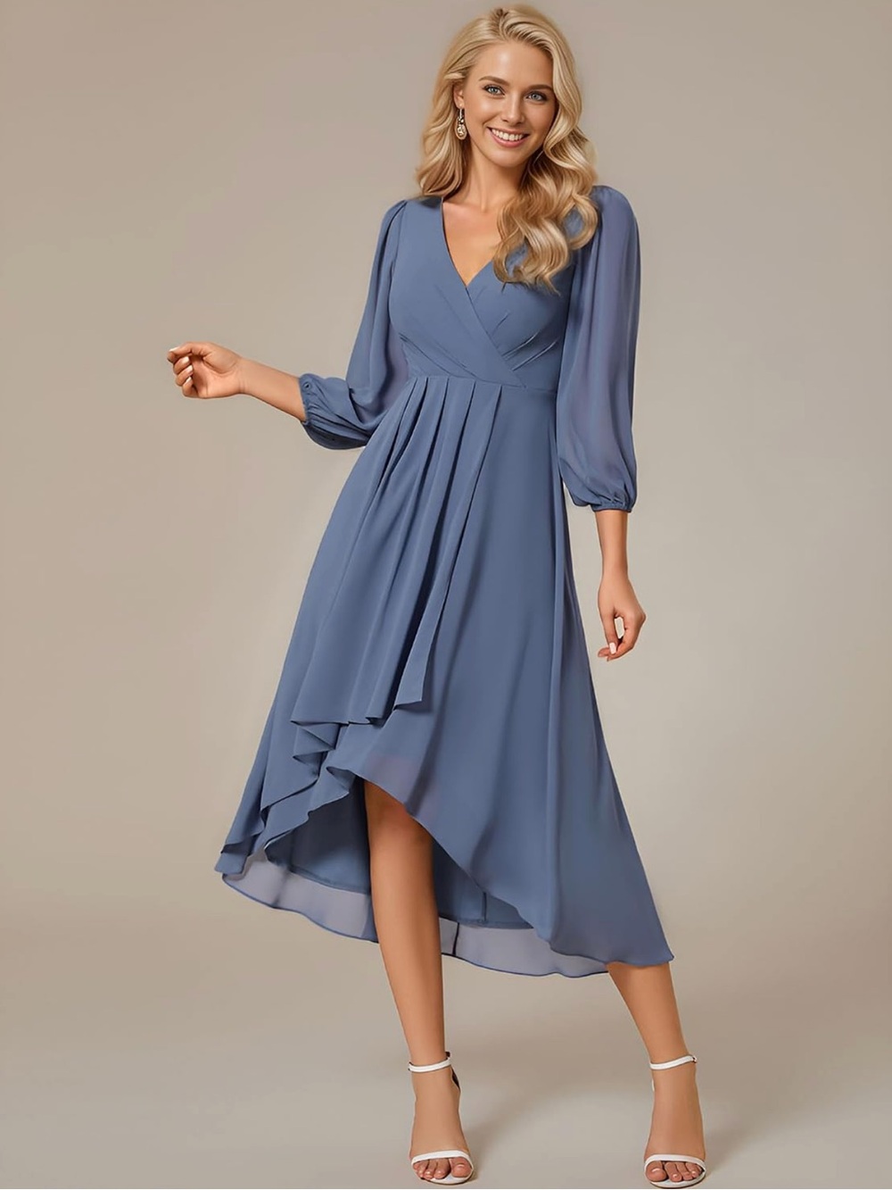 Ever-Pretty Dusty Blue Chiffon V-Neck High-Low Midi Dress
